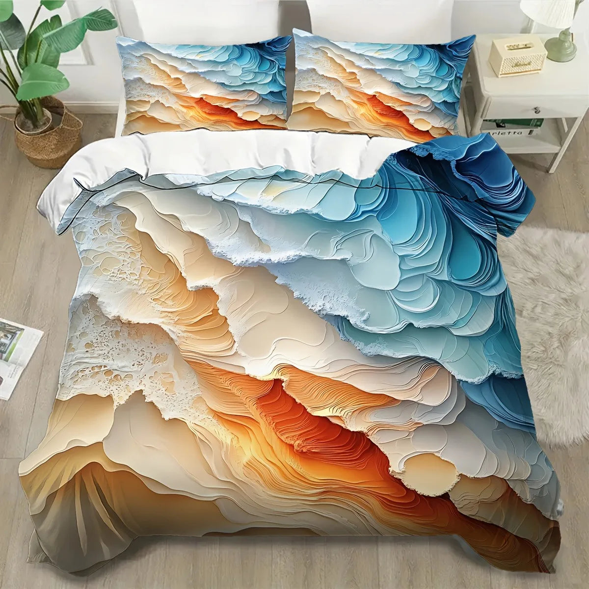 housse couette polyester impression 3d moderne bleu orange abstraite ondulée double king queen