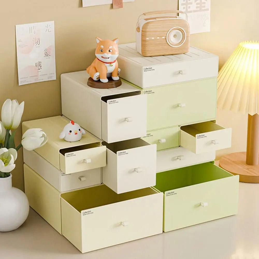 boîtes tiroirs rangement maquillage papeterie réutilisables beige vert moderne minimaliste
