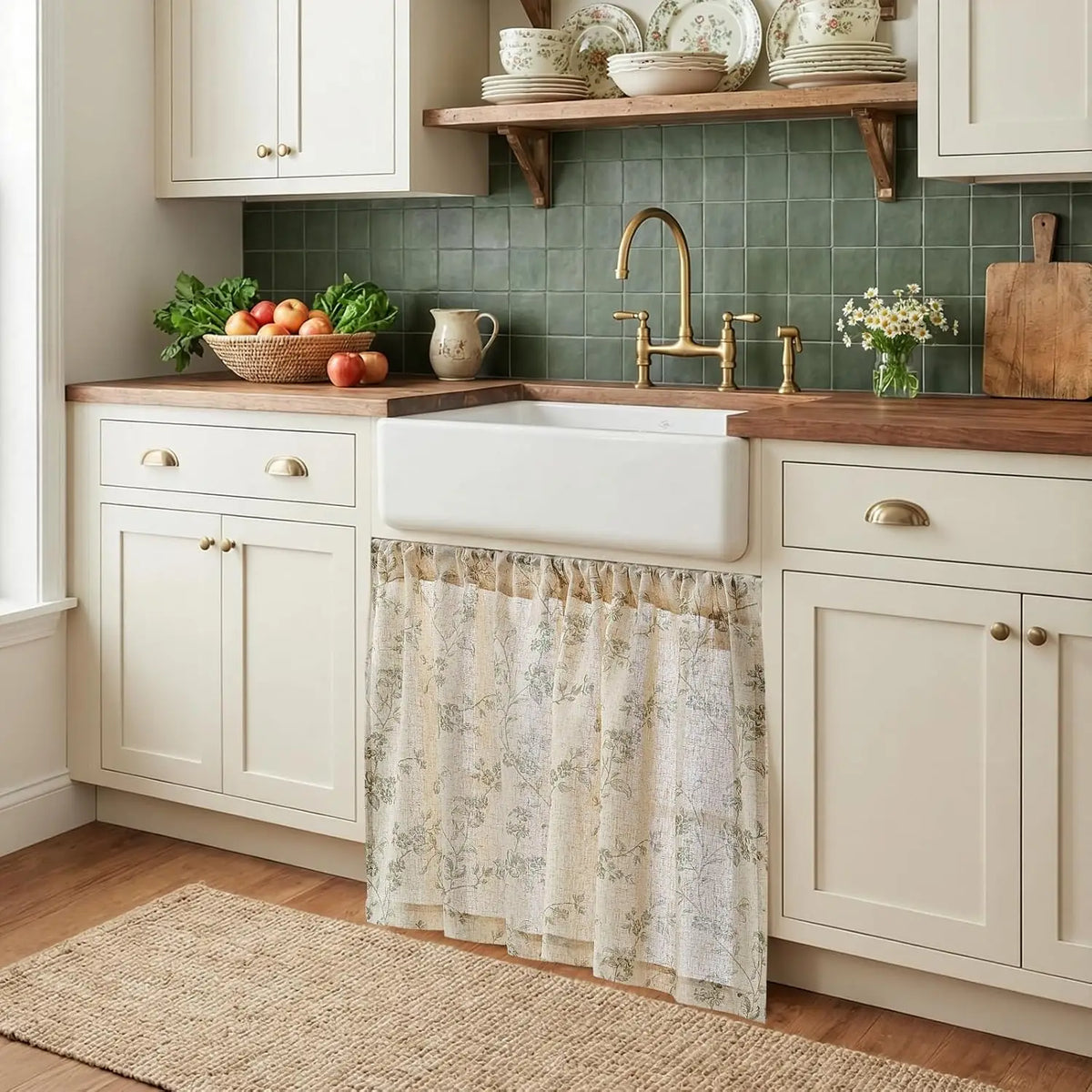 rideau imprimé floral motif botanique vintage semi transparent rustique cuisine maison