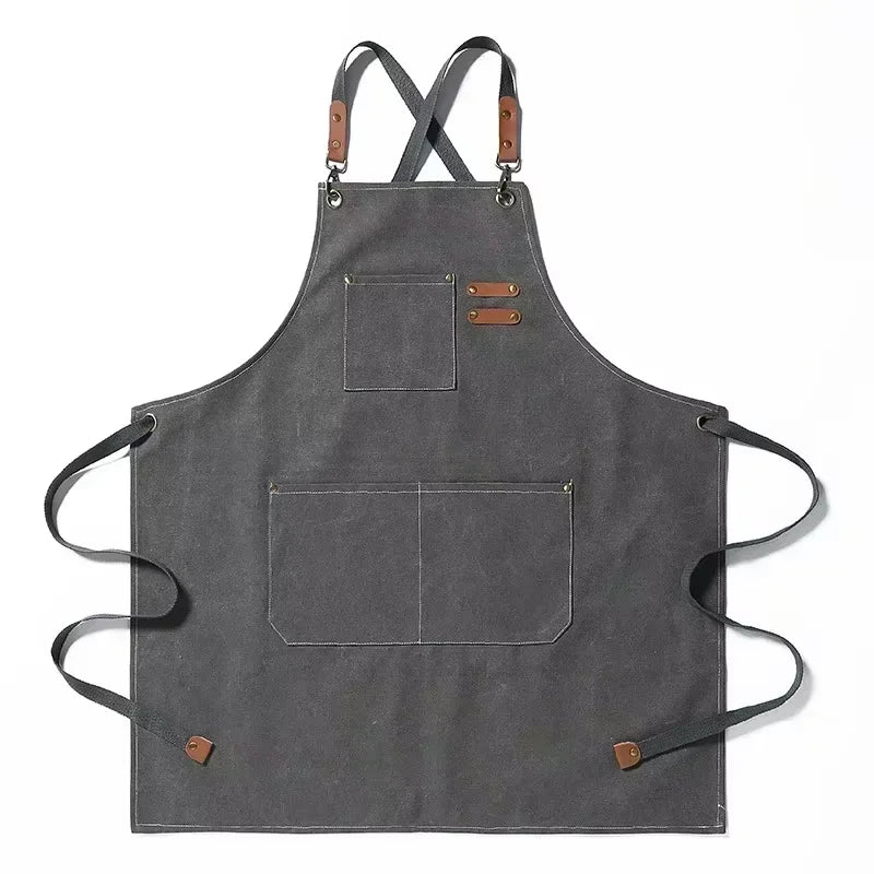 tablier cuisine toile gris classique boucles métalliques poches avant arrière adjustable