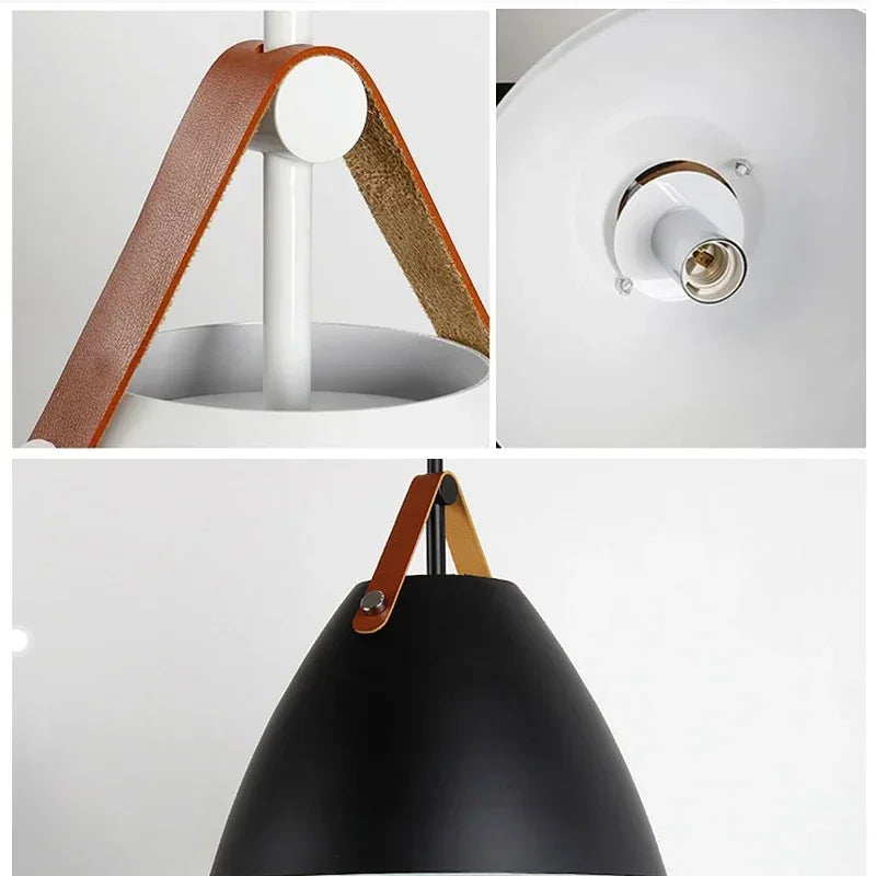 suspension lumineuse moderne conique mat noir gris rose câble cuir douille électrique