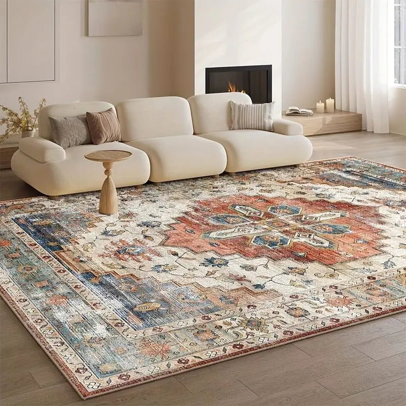 tapis bohème vintage bleu beige rouge ornements floraux bordure ornée antidérapant facile entretien