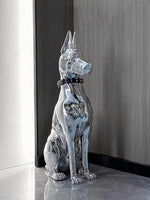statue moderne chien dobermann bulldog lunettes collier or argent réfléchissant intérieur décoration