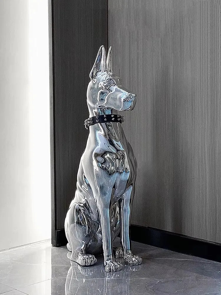 statue moderne chien dobermann bulldog lunettes collier or argent réfléchissant intérieur décoration