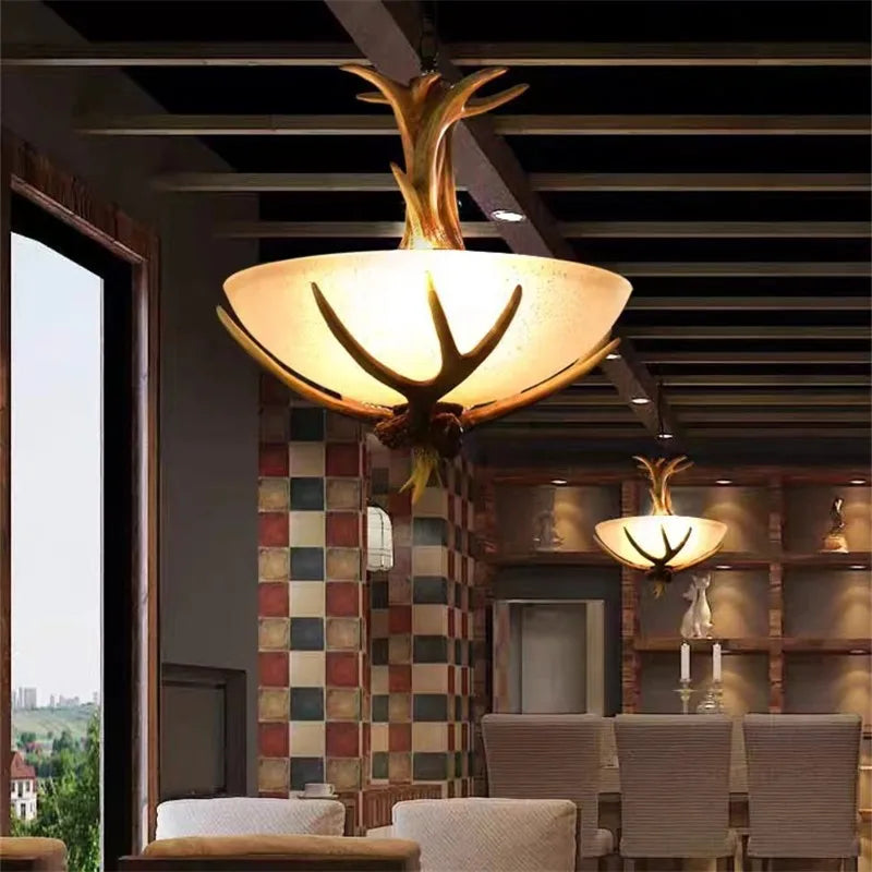 lampe suspendue vintage cornes cerf marron rustique abat jour verre led chambre salon