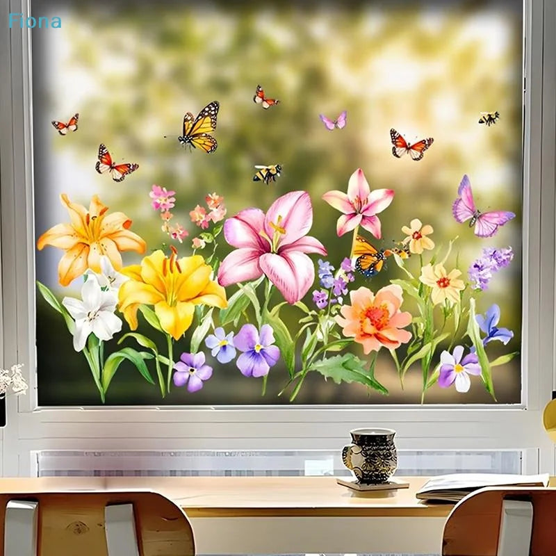 stickers muraux fleuris multicolores adhésifs art floral papillons lilas roses jaunes salon chambre deco
