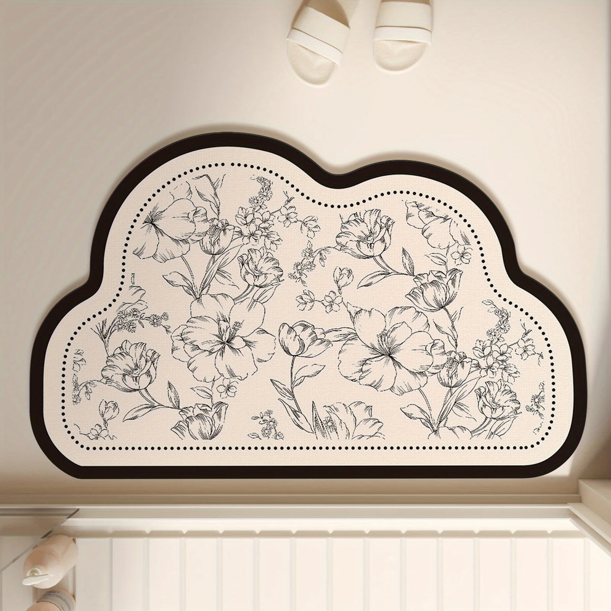 tapis bain absorbant rapide séchage floral motif nuage ovale caoutchouc beige noir