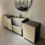 meuble bas multifonction moderne miroir gris buffet console décoration métal bois textures