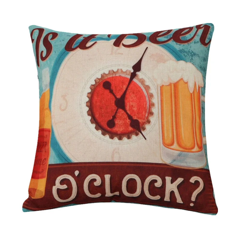 housse coussin vintage bière vin motifs rétro multicolores coton lin décoration canapé chaise 45x45cm