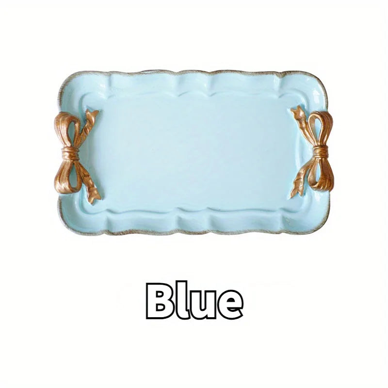 plateau rectangulaire élégant blanc rose pastel bordure dorée motif noeud