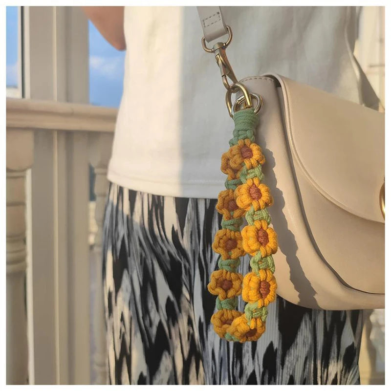 bracelet porte clés fleurs relief tissé jaune vert blanc rose bleu violet rouge vif