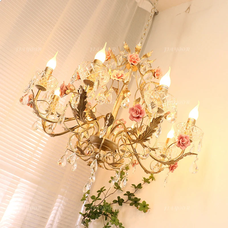 lustre floral cristal transparent rose doré vintage romantique chambre salon
