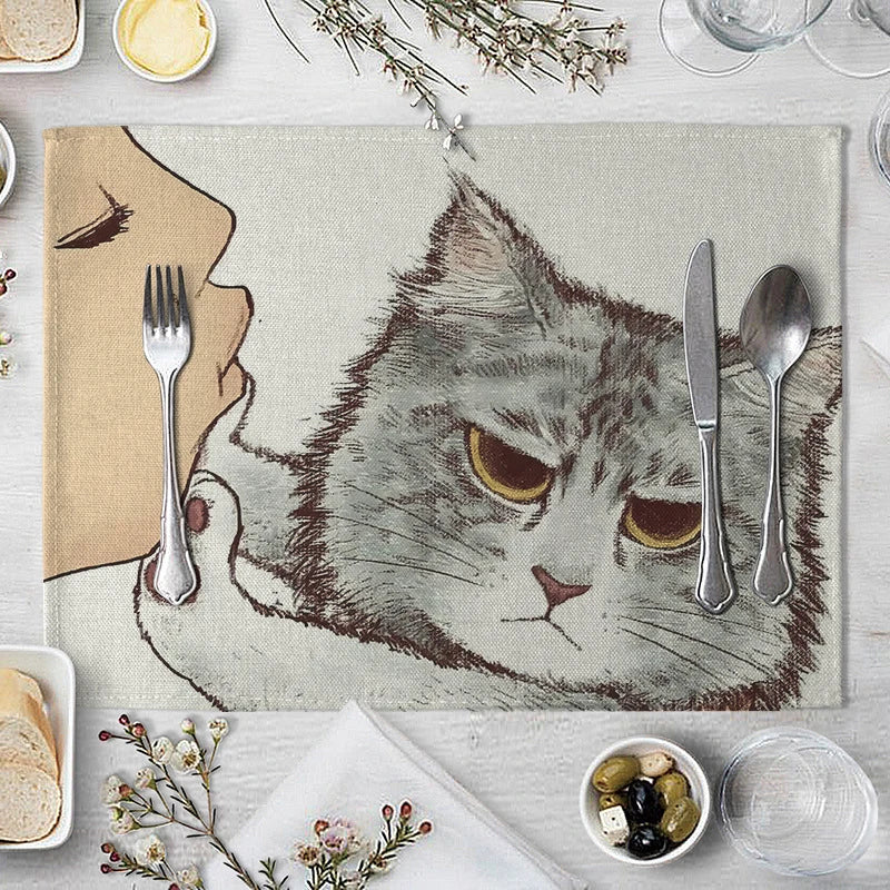 serviette table illustration chat mignon couleur beige gris rose toile lin respectueuse environnement