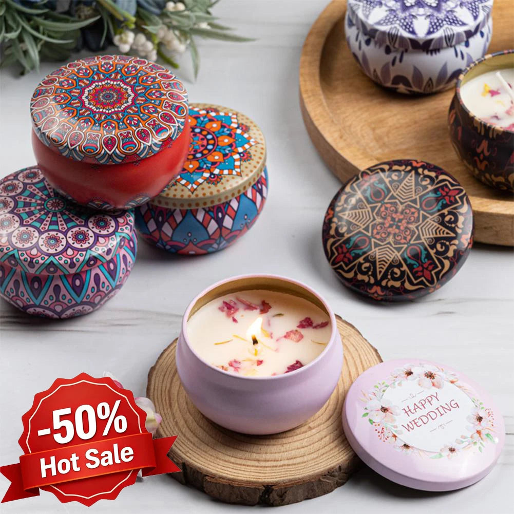 bougies parfumées fleurs séchées rouge bleu rose multicolore motifs floraux mandala ethnique boho chic