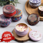 bougies parfumées fleurs séchées rouge bleu rose multicolore motifs floraux mandala ethnique boho chic