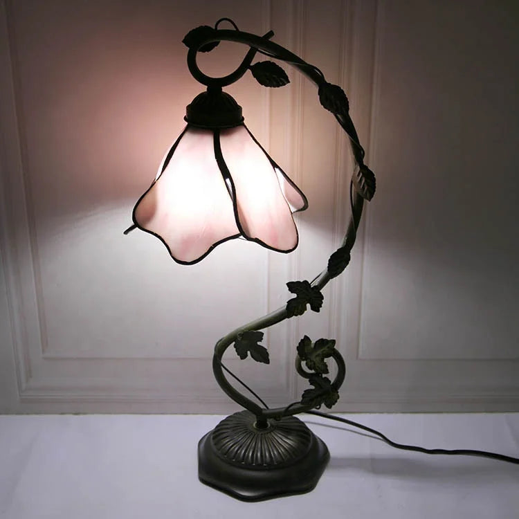lampe table art nouveau tiffany rose bronze bleu feuilles branches verre texturé 20 pouces