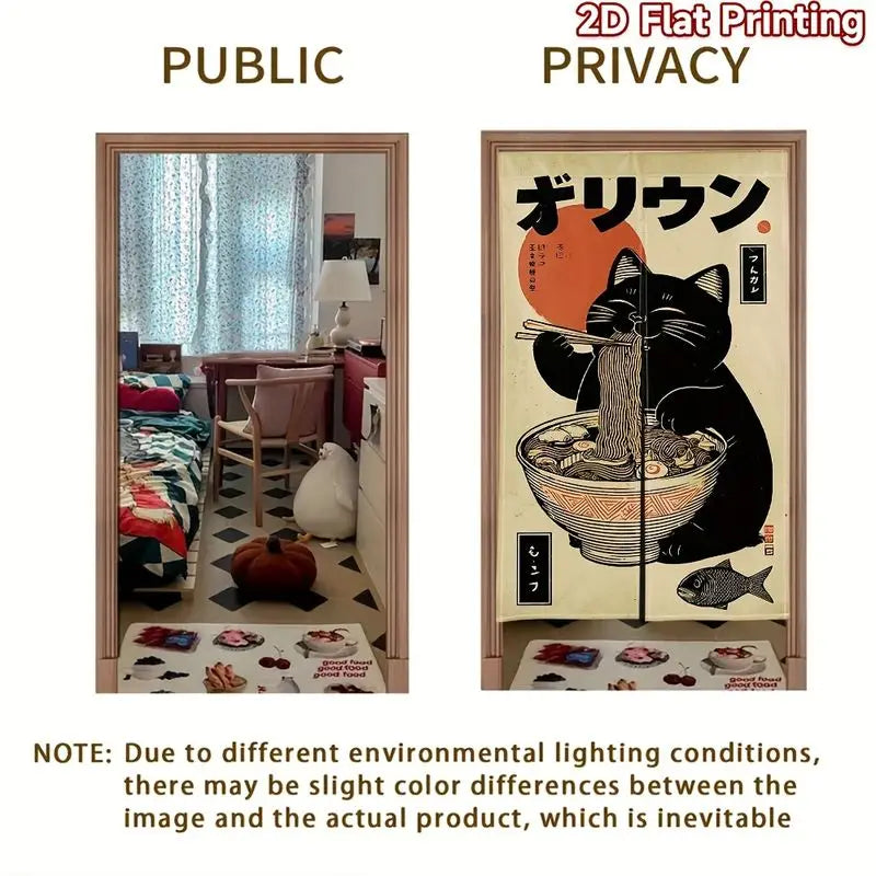 rideau porte vintage japonais chat noir nouilles poisson beige gris polyester opaque crochets chambre