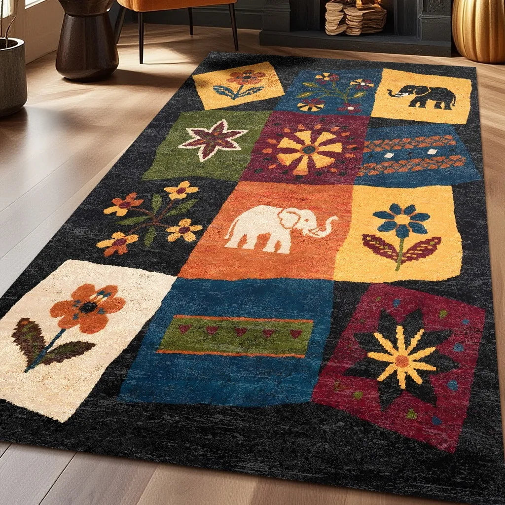 tapis patchwork velours motif floral boho décoratif salon chambre tapis chevet antidérapant bleu