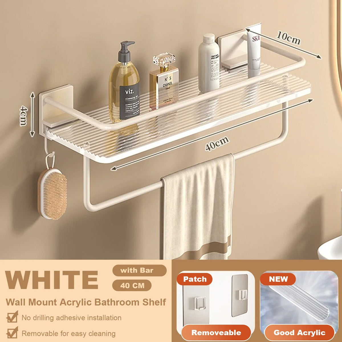 étagères salle bain blanc modernes adhésives rangement produits toilette serviettes brosse dents aluminium acrylic