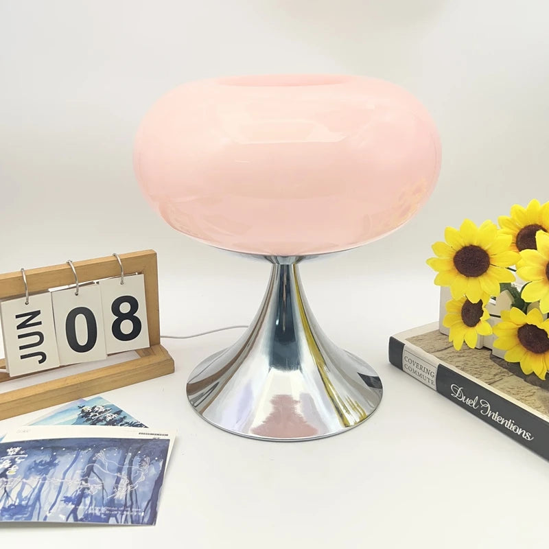lampe table moderne verre opalescent couleurs vives vert orange rose jaune base métallique prise