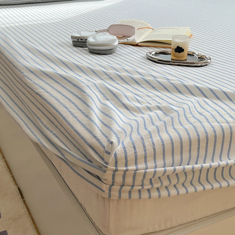 housse lit rayures blanches bleues coton élastique moderne adultes chambre literie blanc bleuclair