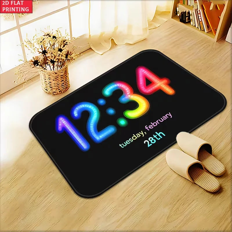 tapis moderne sol antidérapant horloge numérique géométrique noir bleu rose vert