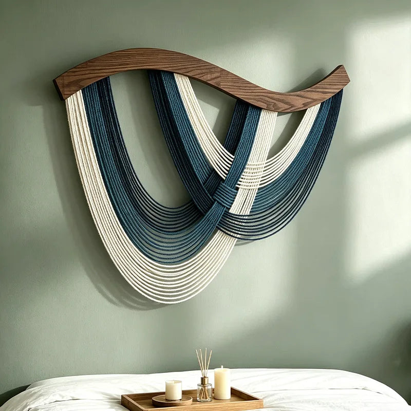 tapis suspendu tissé main texture 3d moderne bleu marine blanc vert clair opaque 80cm