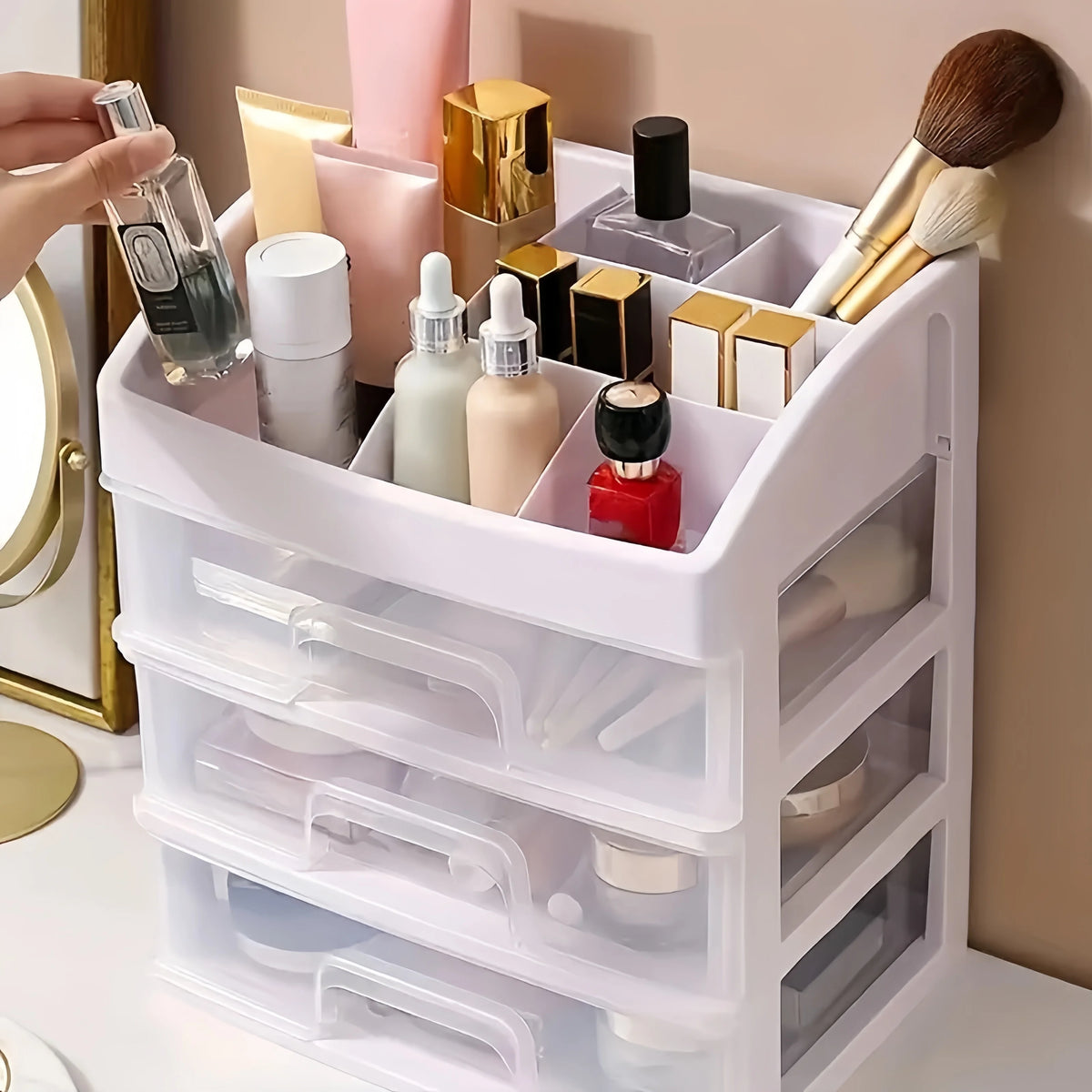 organisateur maquillage blanc moderne sans tiroirs coulissants transparent étiquettes autocollantes brosse maquillage
