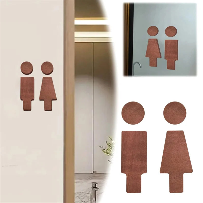 décoration salle bain bois minimaliste symboles toilettes adhésifs marron clair homme femme grille dimensions