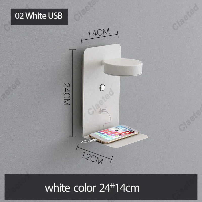 lampe murale moderne noire blanche tablette prise électrique câble charge contrôle