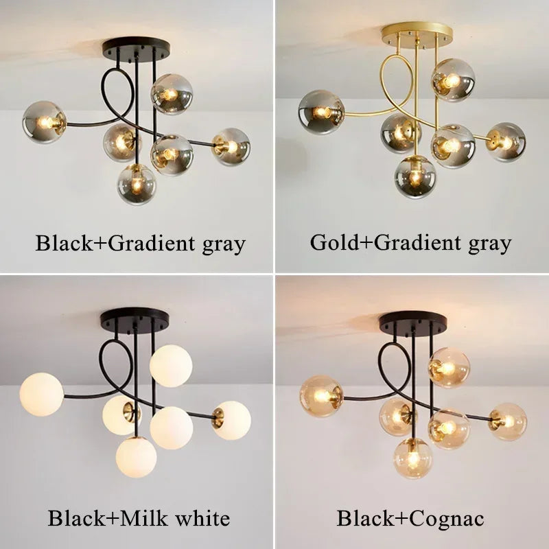 lampe suspendue moderne boules sphériques or noir gris dégradé blanc lait cognac