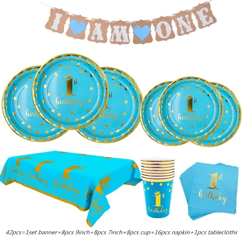 assiettes bleu clair anniversaire 1er anniversaire doré festif serviettes gobelets napkin tablecloth set festivités