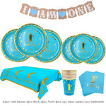assiettes bleu clair anniversaire 1er anniversaire doré festif serviettes gobelets napkin tablecloth set festivités