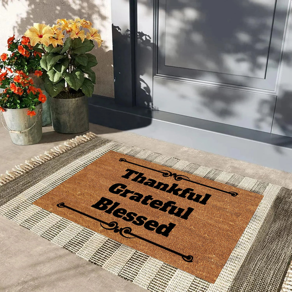 tapis d'entrée marron thankful grateful blessed antidérapant résistant anti bactéries extérieur salon classique
