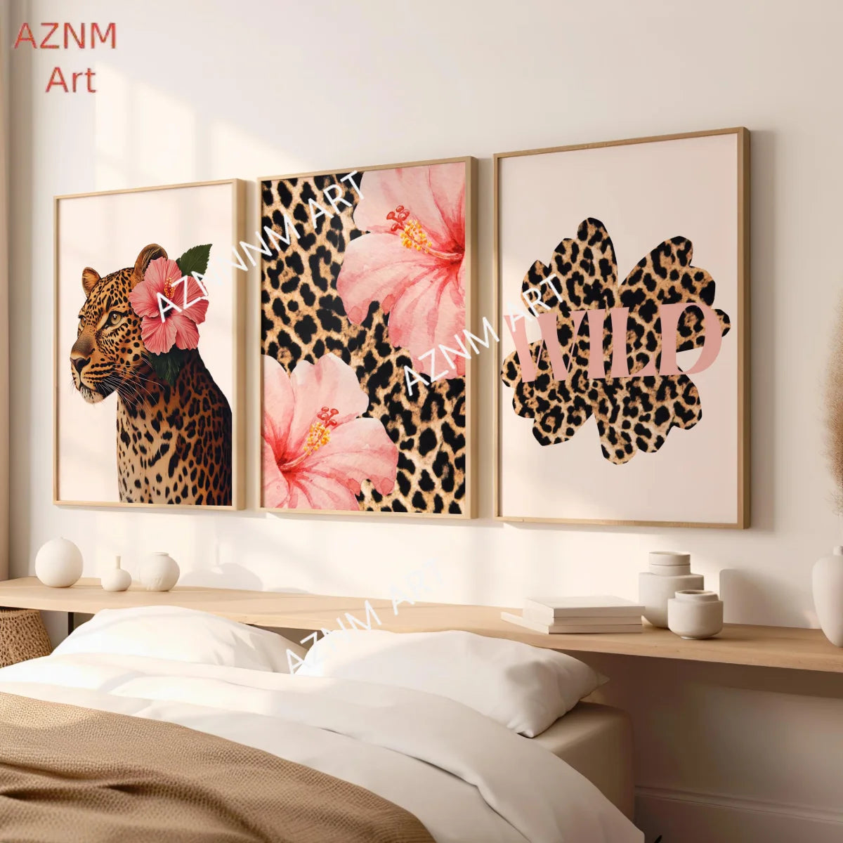 affiche moderne toile léopard fleurs rose noir beige décoration maison cadre bois