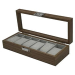 boîte montres compartiments texture bois transparente classique marron gris protection métal