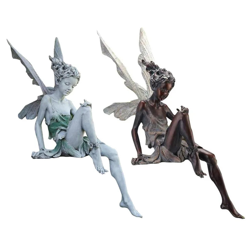 ornement extérieur statue fée assise résine détails floraux blanc marron fantastique