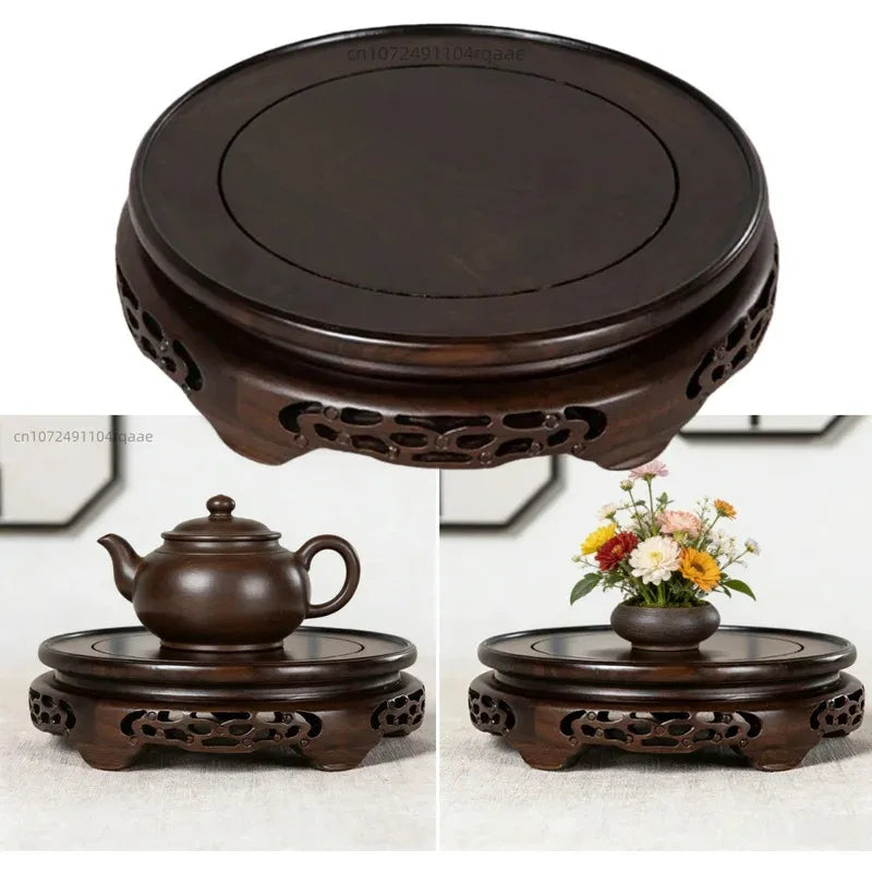 socle rond bois sculpté support décoratif figurine pot fleurs thé