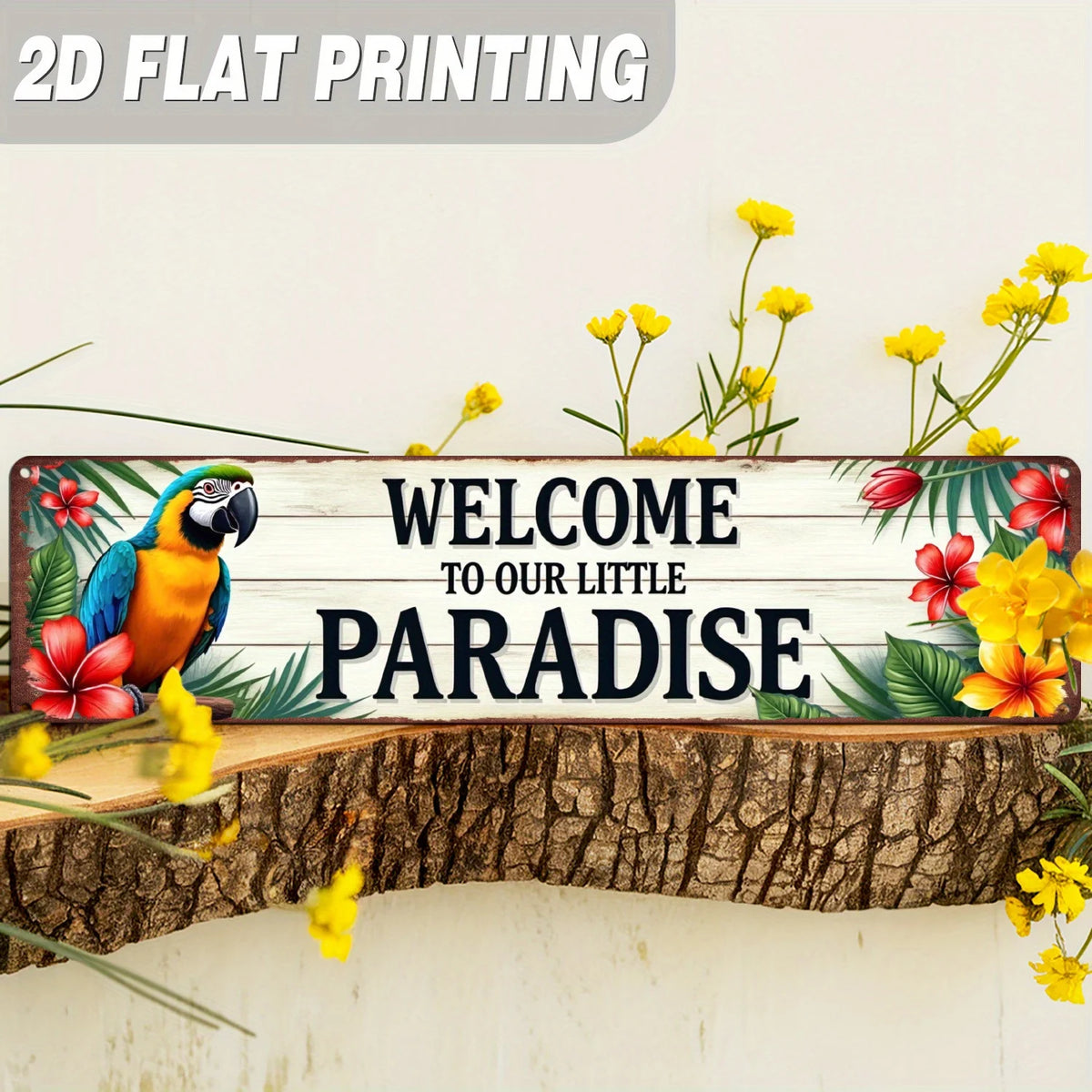 plaque décorative perroquet tropical fleurs colorées bienvenue vintage imitations bois vieilli vis ruban adhésif