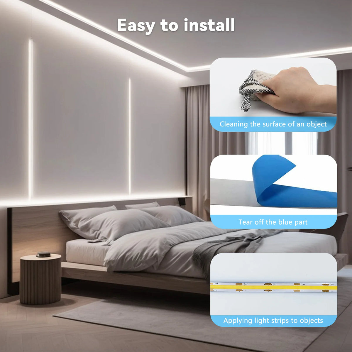 ruban led bleu blanc moderne adhésif toucher intensité variable chambre décoration noël minimaliste