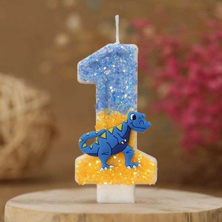 bougies anniversaire chiffres bleu jaune blanc paillettes dinosaure décoratives thème