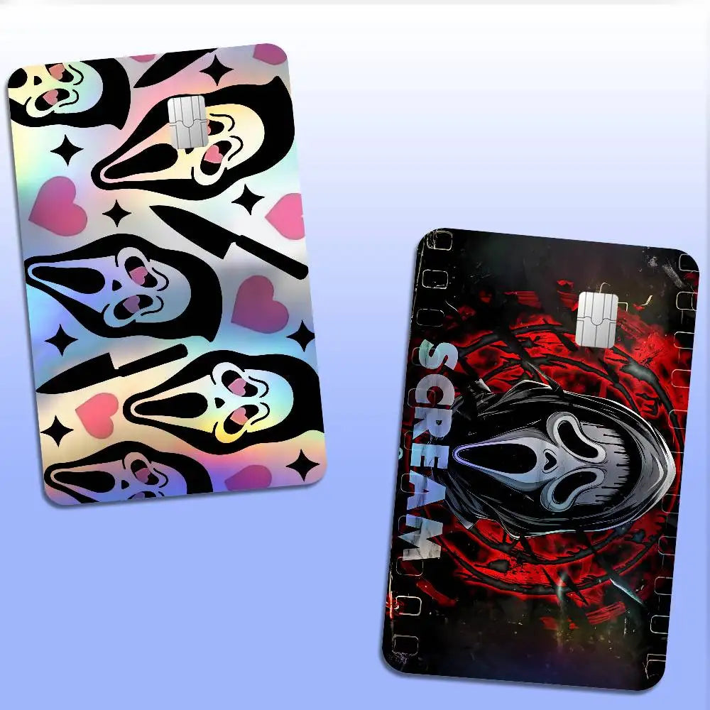 autocollants cartes bancaires effet laser pop art masques effrayants multicolores réutilisables