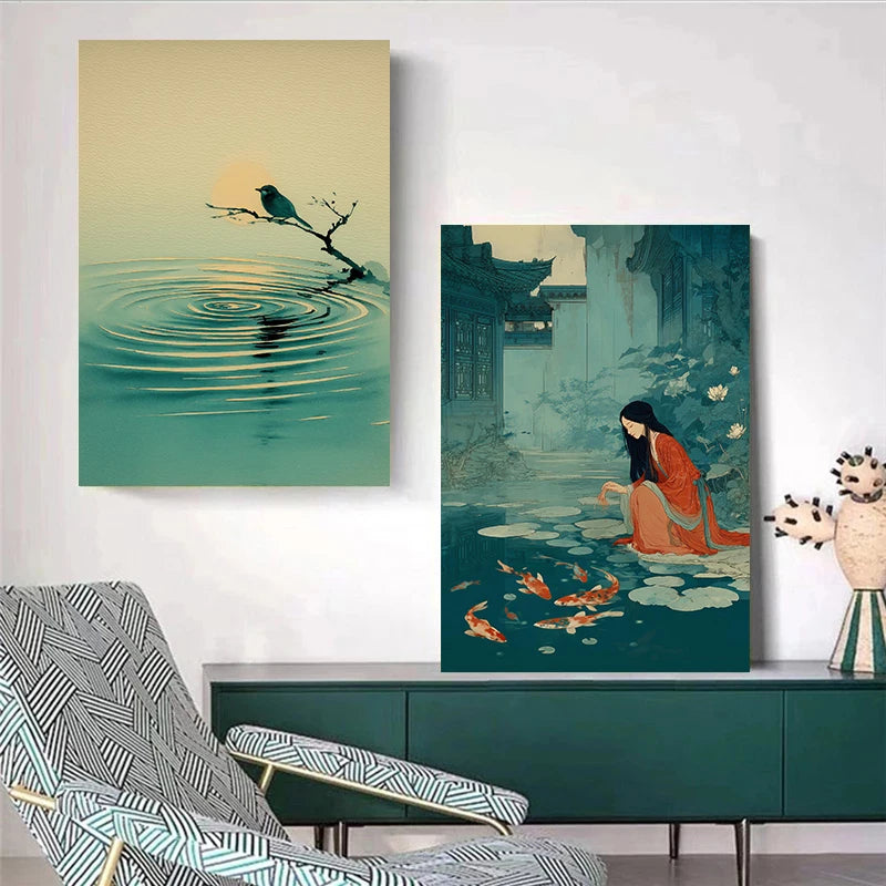 toile art paysage traditionnel poisson koi fleur cerisier temple lotus décoration intérieure murale cadre