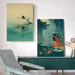 toile art paysage traditionnel poisson koi fleur cerisier temple lotus décoration intérieure murale cadre
