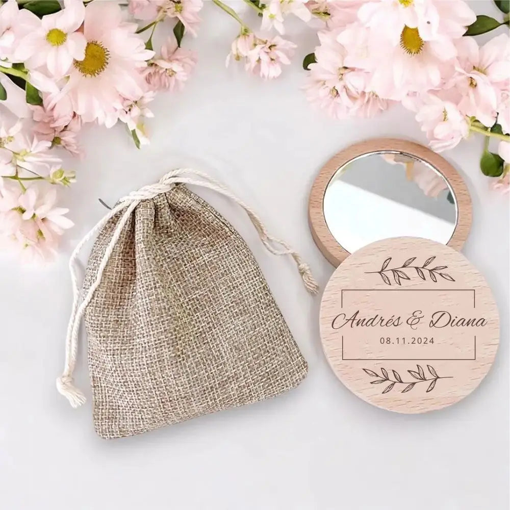 miroir rond bois gravé floral sac toile jute classique portable blanc naturel demoiselles d’honneur