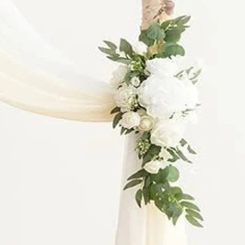 arche décorative fleurs artificielles blanc rose feuilles vertes tissu translucide décoration mariage anniversaire extérieur