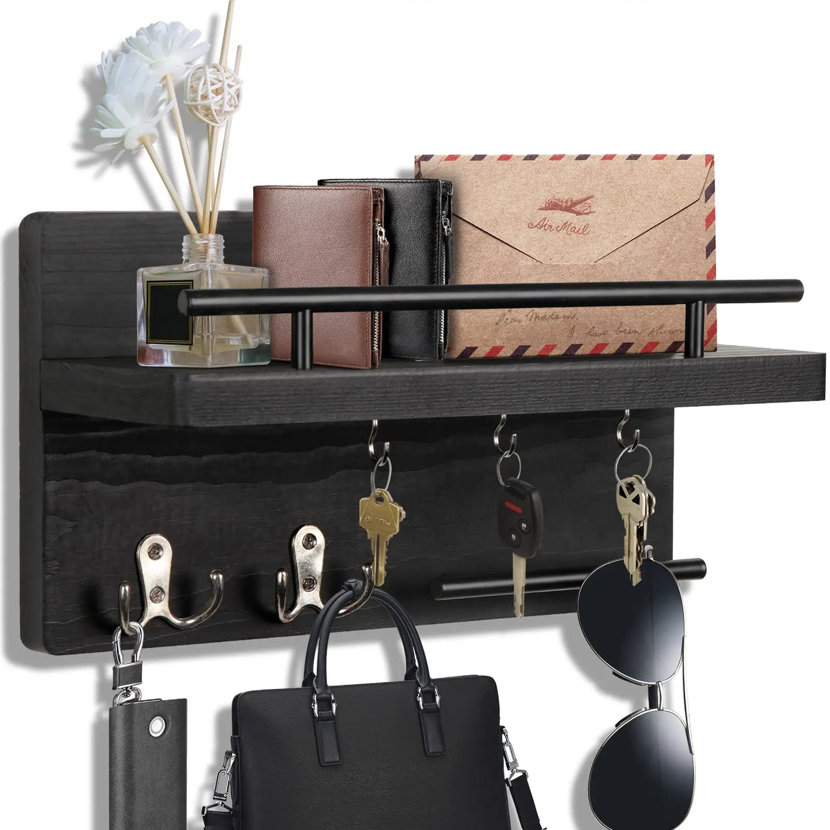 porte clés mural bois marron foncé moderne vis fixations porte monnaie lunettes téléphone papeterie
