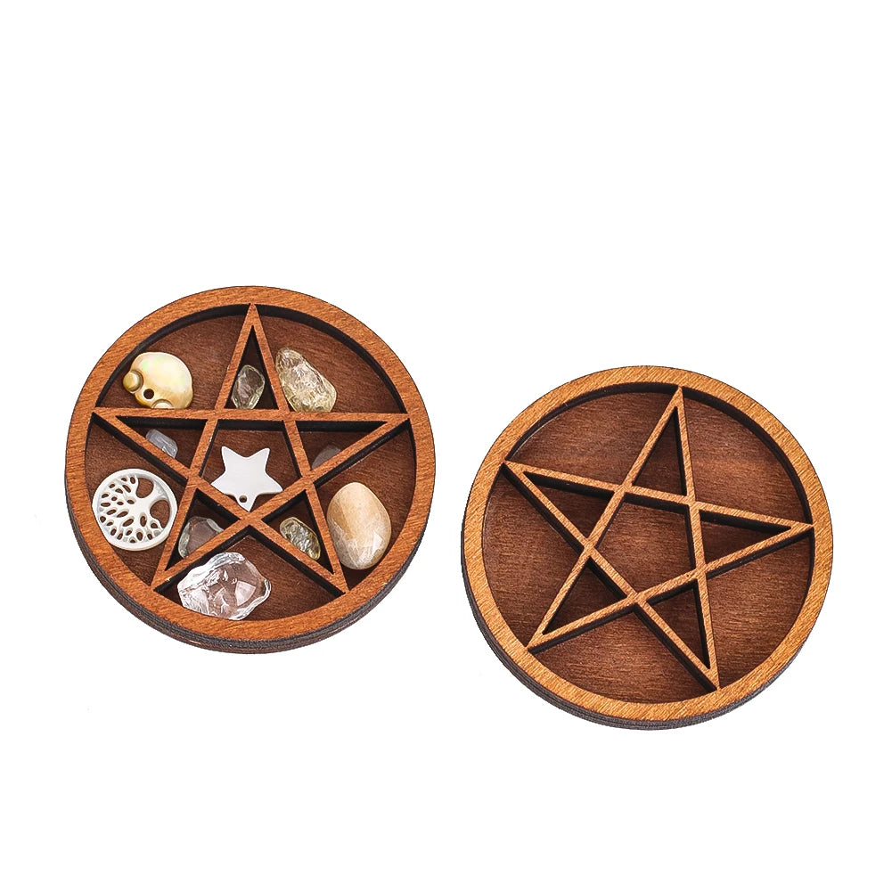 coaster bois marron étoile gravée pierres cristaux traditionnel rituel spiritualité