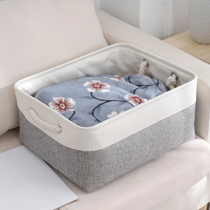 boîtes rangement pliables tissu lin moderne beige gris vert olive poignées corde respectueux environnement