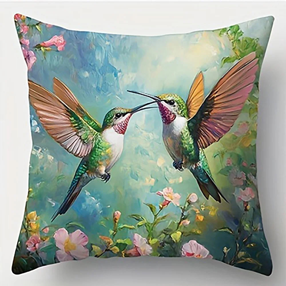 taies d'oreiller imprimées motifs fleurs colibris modernes polyester peachskin 40x40cm 45x45cm 50x50cm 60x60cm decoration
